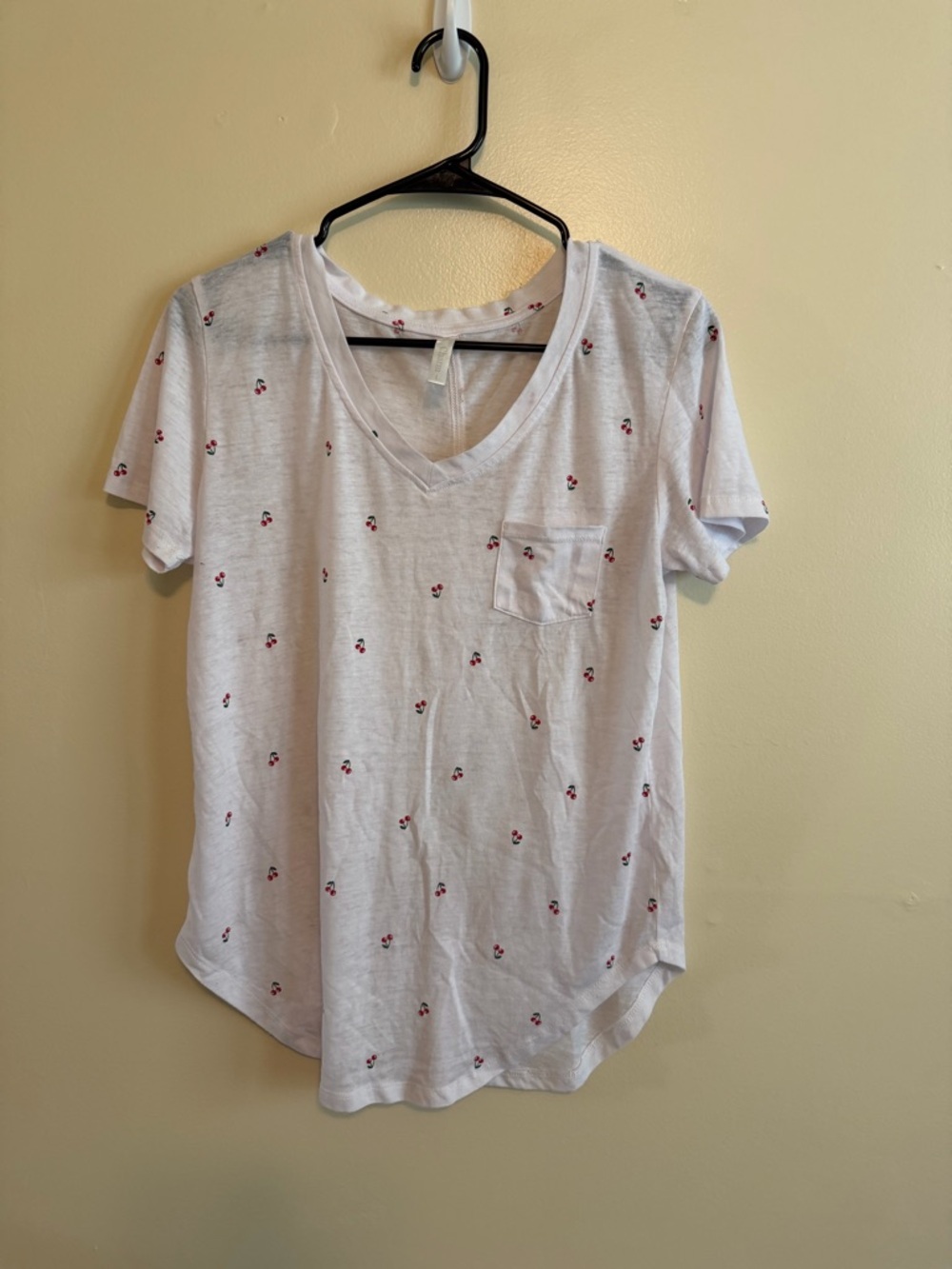 White V-Neck Pocket Tee with Red Cherry Motif - Women